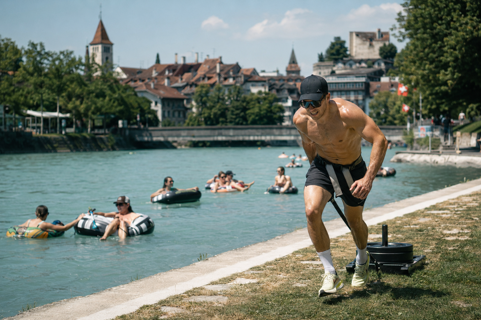 Sled-Zug am Aareufer neben Aareschwimmern