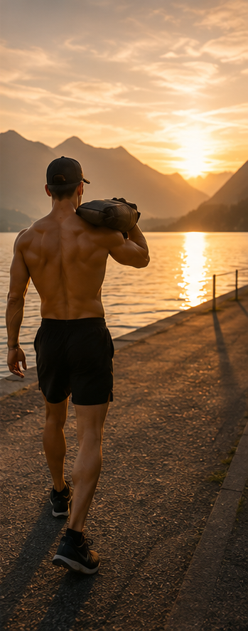 Sandbag-Carry bei Sonnenuntergang am Thunersee
